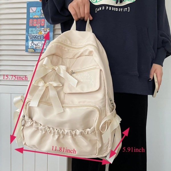 Ryggsäck med Fästa Rosetter - Perfekt för Vardagligt Bruk, Kawaii Ryggsäck, Y2k, Estetisk Söt Ryggsäck (Offvit)
