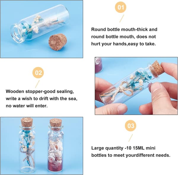 10 st Små korkade flaskor 15ml klara pärlbehållare Glasbott 22x62mm