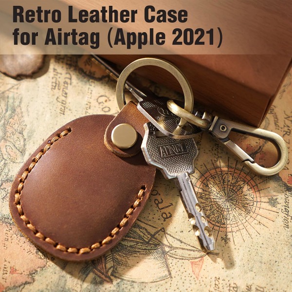 Läder AirTag nyckelring, handgjord etiketthållare i äkta läder