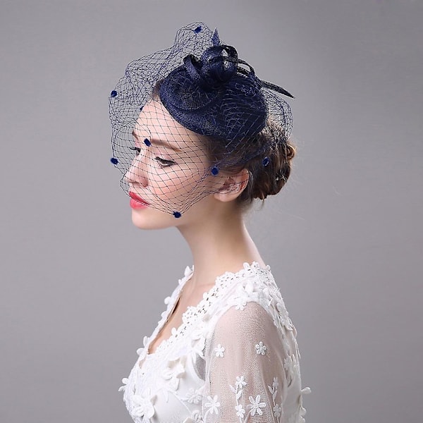 Dam Fascinator Penny Mesh Hatt Fjäder Penny Mesh Hatt för Cocktail Bröllopsfest Navy Blue