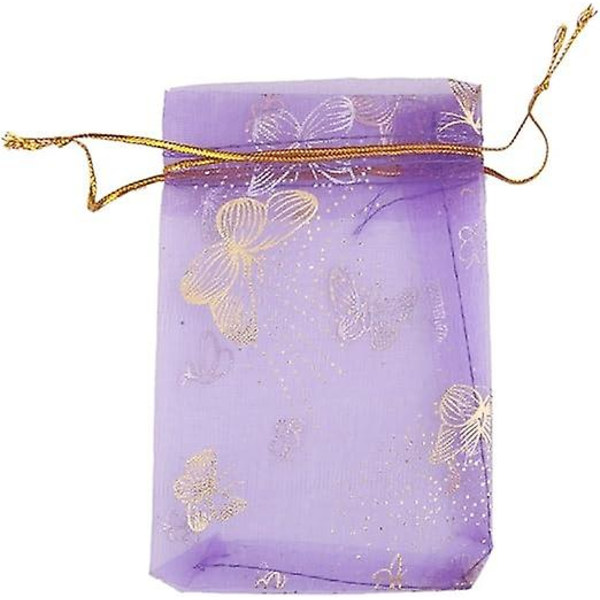 Cirka 100 organza påsar med dragsko för bröllopsfavoriter, 9 x 12 cm (tryck), lila