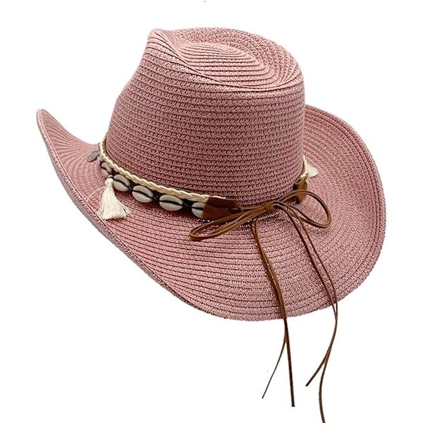 Västerländsk stråcowboyhatt för kvinnor, strandhatt för män, solhatt med bred brätte, sommar Panamahatt, rosa