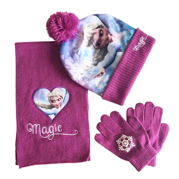 Barn Flickor Frozen Elsa Vinter Varm Mjuk Cap Pom Mössa Hatt + Halsduk + Handskar Set Purple