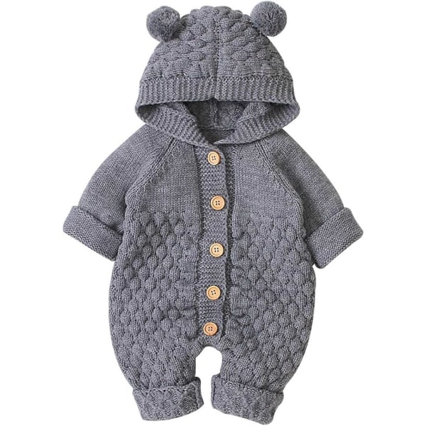 Nyfödd Baby Öronhuva Stickad Romper Jumpsuit Varmare Snödräkt för Pojkar Flickor Grå 66cm Gray