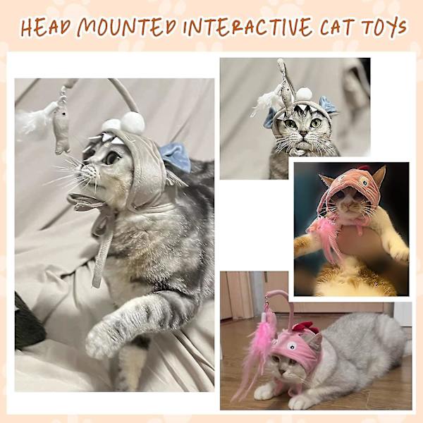 Huvudmonterade kattleksaker Cat Teaser-leksak med fjädrar Interaktiva kattleksaker Katthuvudbonader för inomhus utomhus Grey