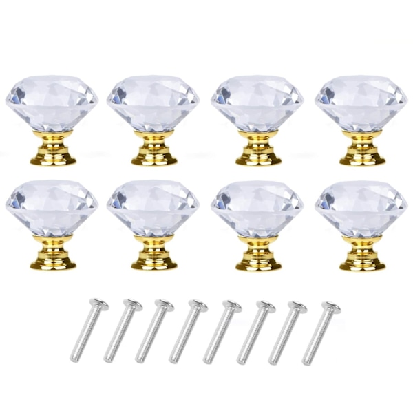 Diamantformade glasknoppar Transparent/Guld 8 st
