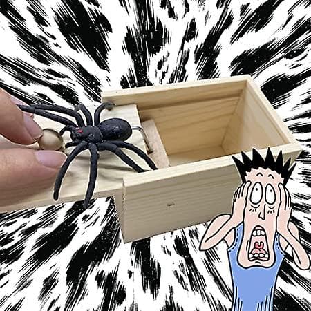 Spindelskräcklåda i trä, parodileksak, spindelskrämlåda