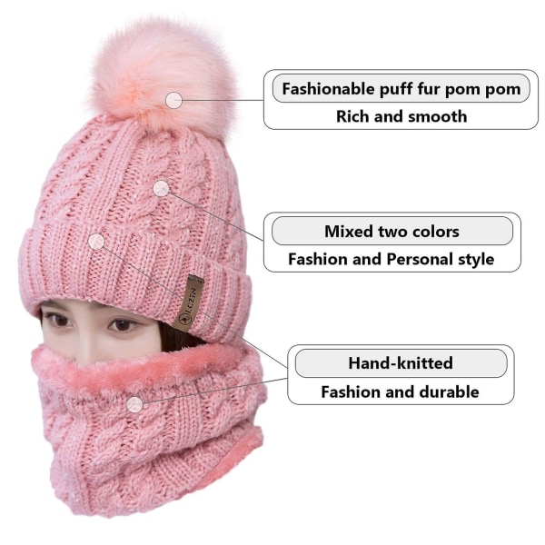 Pompom-mössa för damer Set för flickor Vinterskidmössa Slouchy Stickad Mössa med Fleecefoder (Rosa)