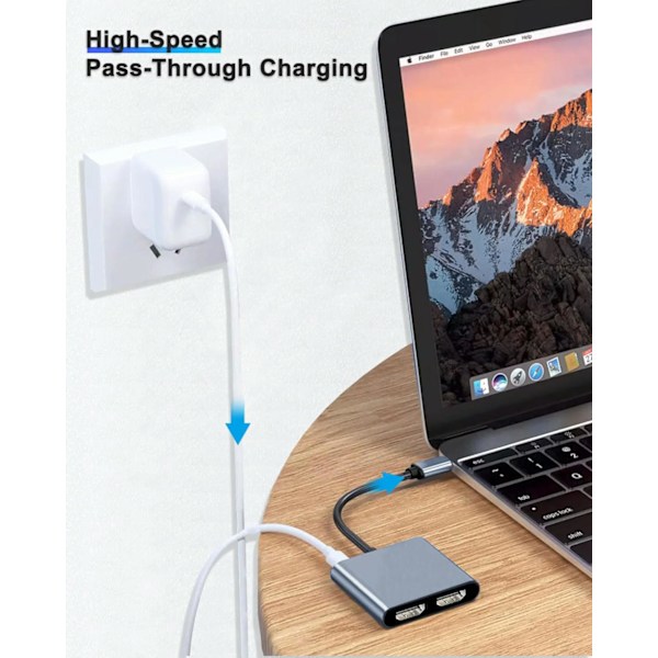 USB C till Dubbel HDMI-adapter, 2-skärmsdelare, USB C-hubb för Utökad Dubbelskärm, Dubbel HDMI-dockningsstation för Bärbara Datorer och Skärmar