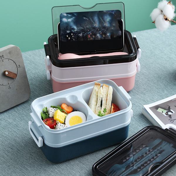 2-lagers Bento Box Anti-läckage Lunchlåda för Kontor med Bestick Mikrovågsugn Säker Enkel Barn Studenter Picknick Matbehållare Blue