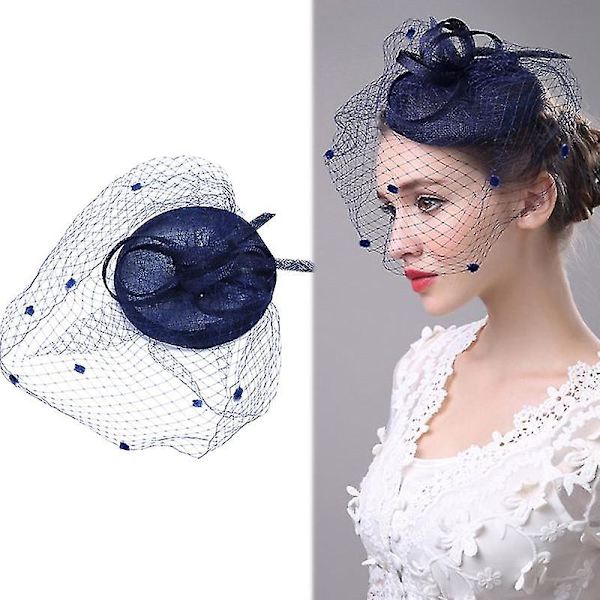Dam Fascinator Penny Mesh Hatt Fjäder Penny Mesh Hatt för Cocktail Bröllopsfest Navy Blue