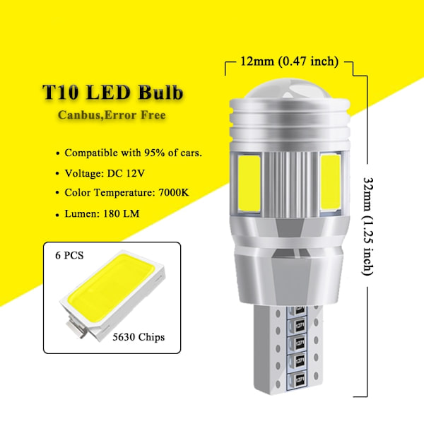 2x Bil LED-lampa T10-5630-10 LED Signallampa Canbus  Auto Klarering Kil Sida Backlampor White Light