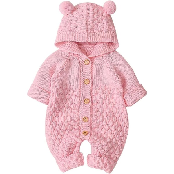 Newborn Baby Öronhuva Stickad Romper Jumpsuit Varmare snödräkt för pojkar Flickor Rosa 66cm Pink