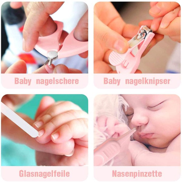 Baby nagelsats, 4-i-1 babyset med sött fodral, baby nagelklippare, sax, nagelfil & pincett - rosa