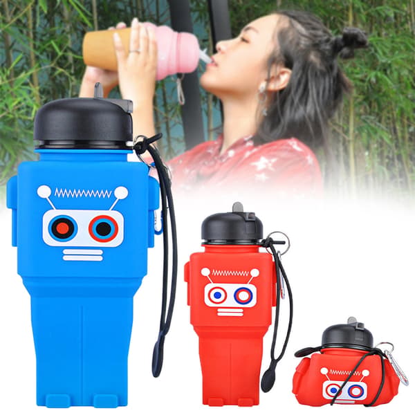 Robotformad silikonvattenflaska Bärbar lätt att rengöra vattenflaska Giftfri silikonflaska Red Robot