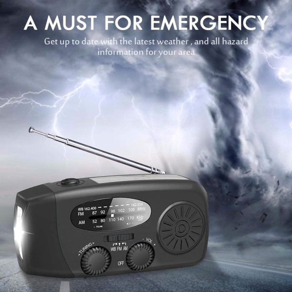 Svart Vevradio med Solceller, Ficklampa och 2000mAh Powerbank
