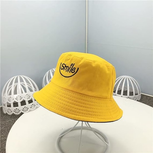 Fiskehatt, Dubbelsidig Bucket Hat, Vikbar Solhatt, Smiley yellow