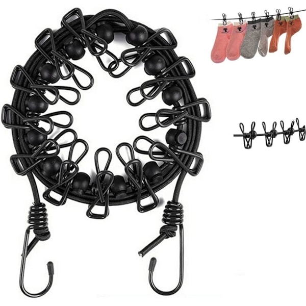 1 paket bärbar klädstreck, elastisk klädstråd Resetvättlina Justerbar indragbar luftare vindtätt rep med 12 vajerklämmor