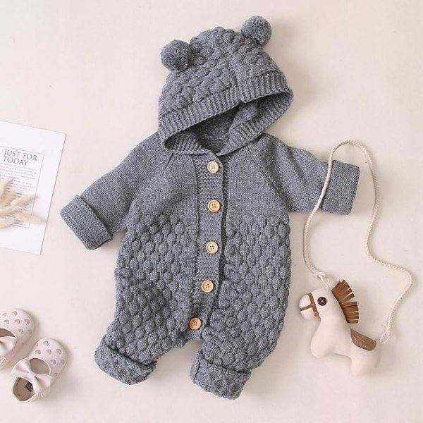 Nyfödd Baby Öronhuva Stickad Romper Jumpsuit Varmare Snödräkt för Pojkar Flickor Grå 90cm Gray