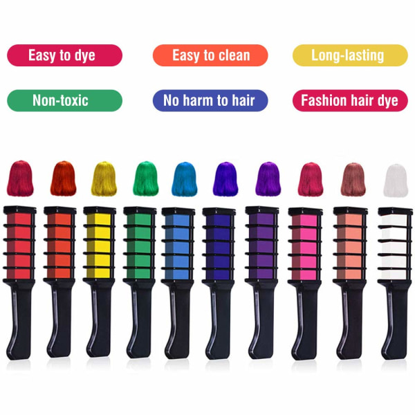 10 Color Temporary Bright Hair Chalk Set, tvättbar färg för