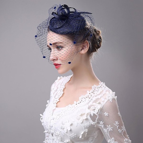 Dam Fascinator Penny Mesh Hatt Fjäder Penny Mesh Hatt för Cocktail Bröllopsfest Navy Blue