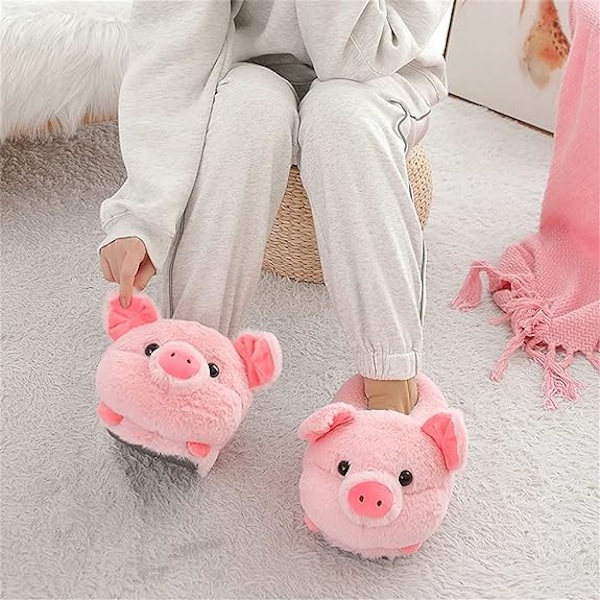 Damtofflor i plysch, bomull, storlek 36-44, puderrosa, nya, höst & vinter Pink pig