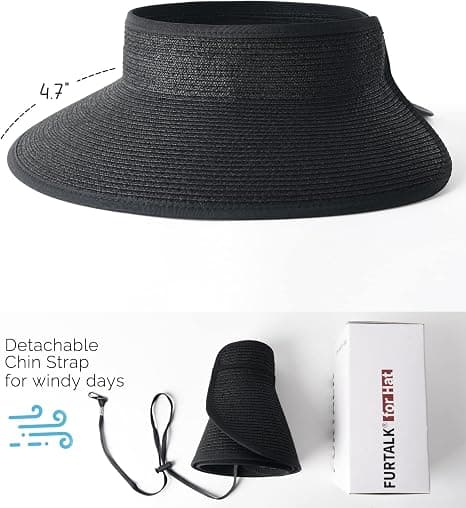 Women's Sun Hat, Wide Brim Straw Hat, Roll-up, Foldable, Ponytail, Summer Beach Hat, UV UPF black