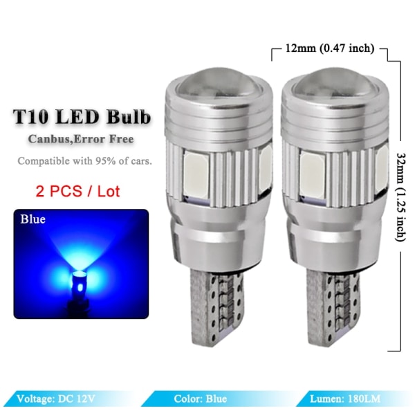 2x Bil LED-lampa T10-5630-10 LED Signallampa Canbus  Auto Klarering Kil Sida Backlampor Blue Light