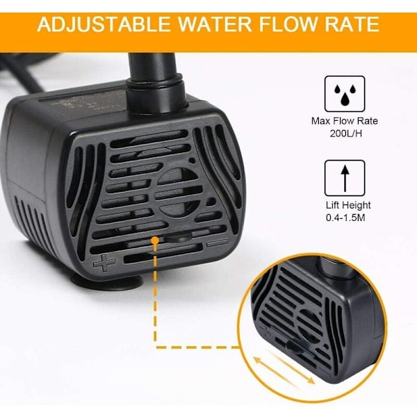 Dränkbar vattenpump, akvariepump Justerbar 200L/H 3W Ultra-tyst Catit USB-pump för damm, fisktank, fontän