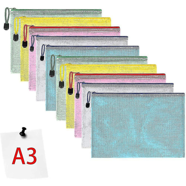 Dokumentficka A3, 10 stycken A3-filfickor med blixtlås, nätplast med mesh
