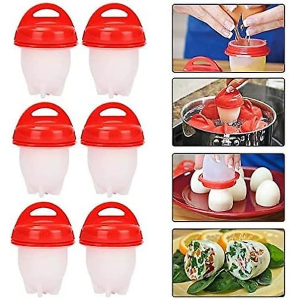 Äggkokare 6st Silikon Äggkokare BPA-fri Hård & Mjuk Kokning, Skalfri Äggkokare, Äggkoppar, Äggtjuvplockare, Non-Stick Silikon, Röd