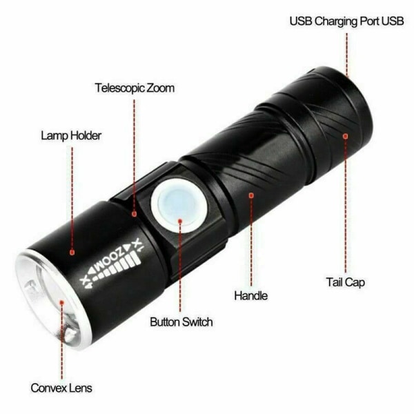Hög effekt 5000 lumen USB-uppladdningsbar ficklampa