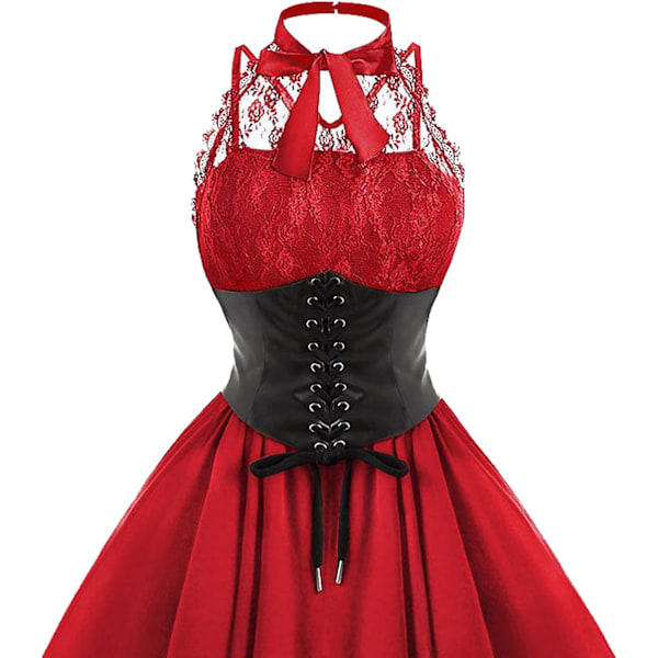 Ermeløs Gotisk Blondekjole for Kvinner 80-talls Festkjole Korsett Halter Blonde Swing Cocktail RØD RED M
