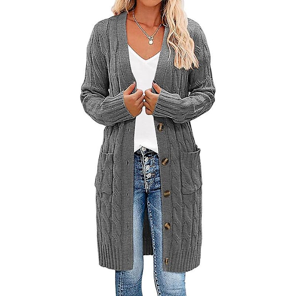 Dam långärmad kabelstickad lång kofta Öppen främre tröja med knappar Ytterkläder grey grey 2XL