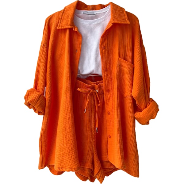 Skrynklig krage för kvinnor, långärmad skjorta, shorts med dragsko med hög midja, moderiktigt casual set i två delar orange L orange l