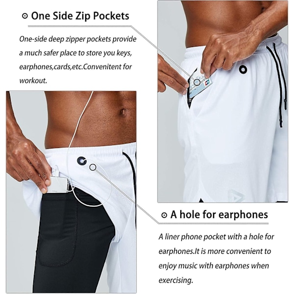 2 in 1 juoksushortsit puhelintaskulla Kuntosalitreeni Nopeasti kuivuvat miesten shortsit 5 tuumaa Valkoinen White X-Large