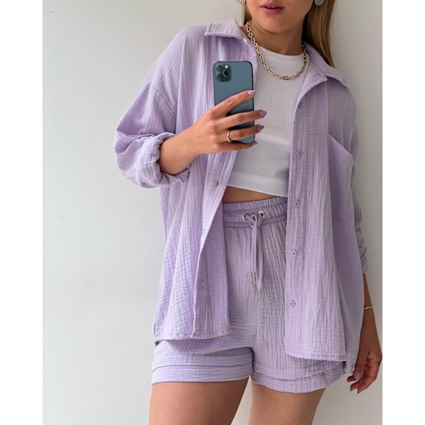 Skrynklig krage för kvinnor, långärmad skjorta, shorts med dragsko med hög midja, moderiktigt casual set i två delar purple S purple s