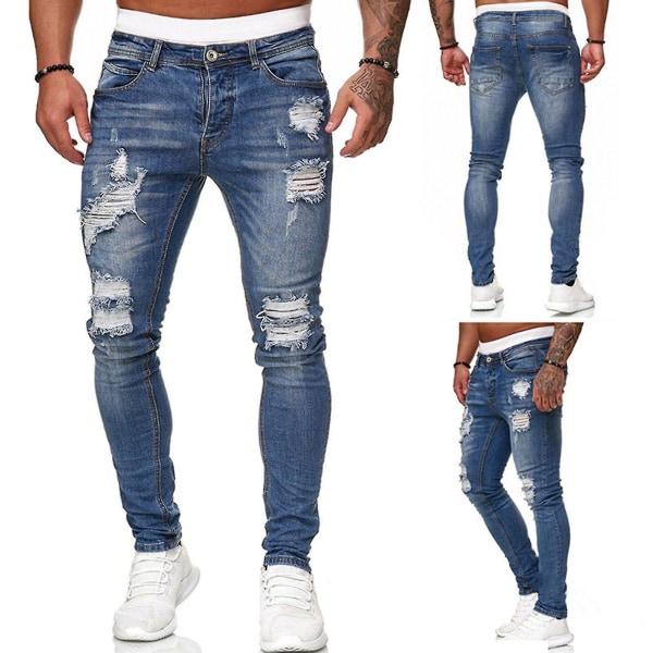 Rivade jeansbyxor för män, byxor med smal passform XL