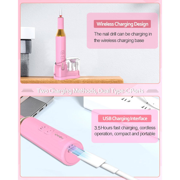 Sähköinen johdoton kynsipora, kannettava kynsipora geeli- ja akryylikynsille, ladattava kynsiviila kotiin ja salonkiin pink