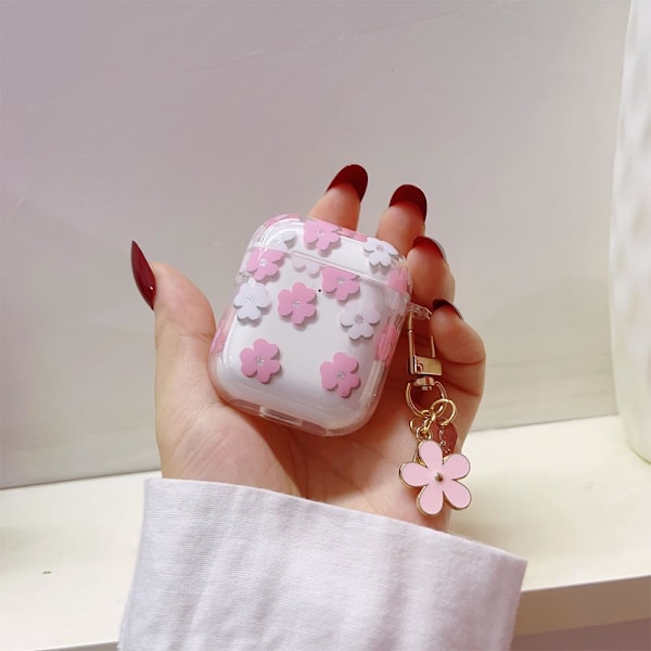 Fodral för AirPods 2:a/1:a generation med nyckelring, sött genomskinligt glitterblommigt skyddsfodral, mjukt transparent TPU för AirPods 2/1-fodral pink floral