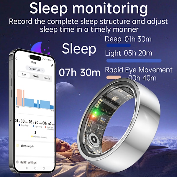 Smart Ring R1000 – Sömnmonitor, Bluetooth 5.0, Blodsyremätare Silver Silver 8