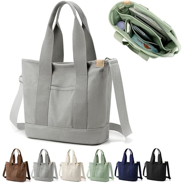Multi-lomme Tote Bag med glidelås, Håndlaget Canvas Veske med rom, Multifunksjonell Satchels Bag for kvinner Damer Universitet Skole Arbeid Reise Grey - Medium