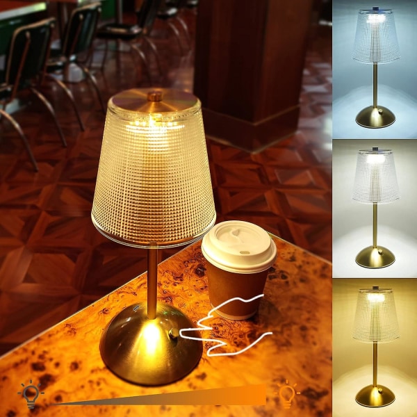 Sladdlös bordslampa, laddningsbar batteridriven lampa, 3 färglägen & steglös dimbar led peklampa, bärbar retro guld metall bredvid lampor för