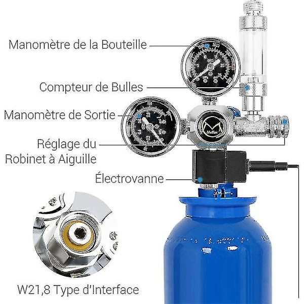 Akvarie CO2-regulator med 12V-adapter, trykreducer til akvarium, dobbelt trykmåler inklusive bobletæller og kontraventil, W21.8-grænseflade