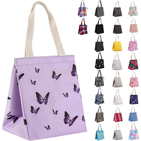 9L Hållbar, bredöppen, hopfällbar och bärbar lunchväska med innerfickor, vattenavvisande, termisk lunchkylväska (lila fjäril) purple butterflies velcro