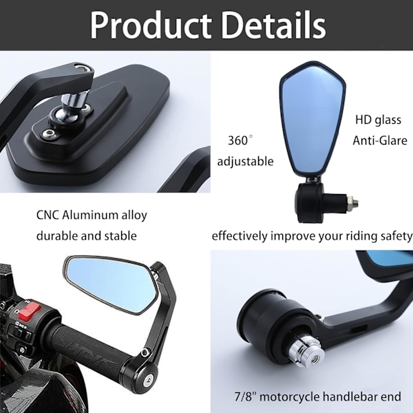 Motorcykelspeglar, 7/8" 22mm Motorcykelstyre Ändbackspegel, Anti-Glare Motorcykelsidospeglar, för Scooter Yamaha Z750 Z1000 MT03 MT09 FZ1 FZ6