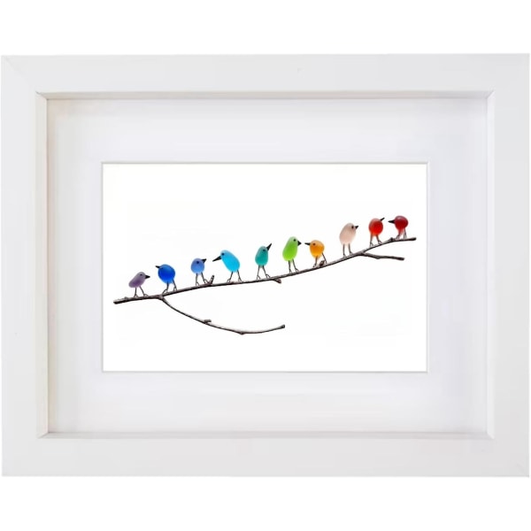 Havsglas regnbågsfågel, havsglaskonst, havsglas och drivvedsbilder, regnbågsfågelväggdekoration White frame