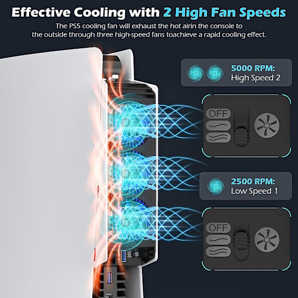 Ps5-kylfläkt med 3 höghastighetsfläktar för Ps 5 Digital & Disc Edition, tyst extern USB-kylare spelkonsol kylfläkt med extra USB-hubb