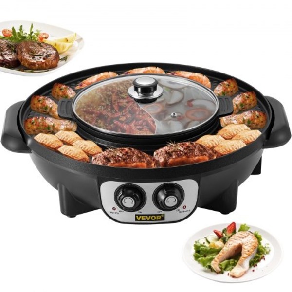 2 in 1 sähkögrilli ja Hot Pot, 2200W BBQ-pannugrilli ja Hot Pot, Monitoiminen Teppanyaki-grillipannu kaksoislämpötilan säädöllä, Savuton Hot Pot -grilli 5800