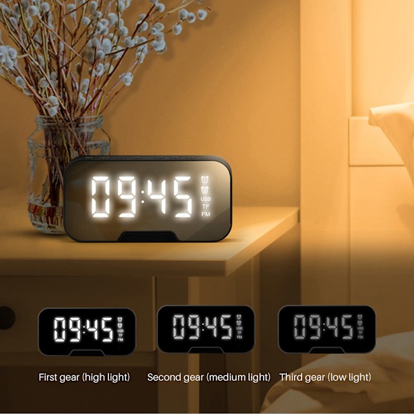 Digital klockradio, FM-radio med Bluetooth-högtalare, dubbelalarm, stor LED-display, musikspelare, stativ - Svart